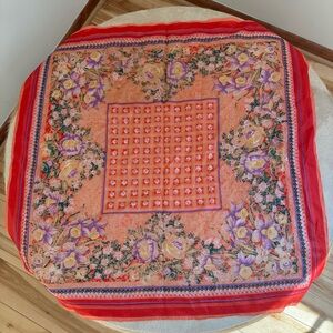 Silk Floral Patterned Scarf with Red Border